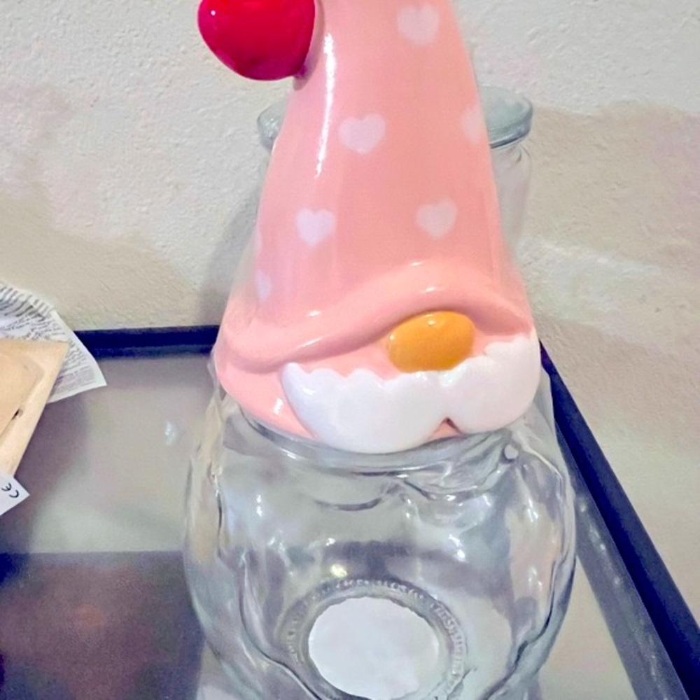 Valentine gnome ready for decor and more glass with heart adorn lid…